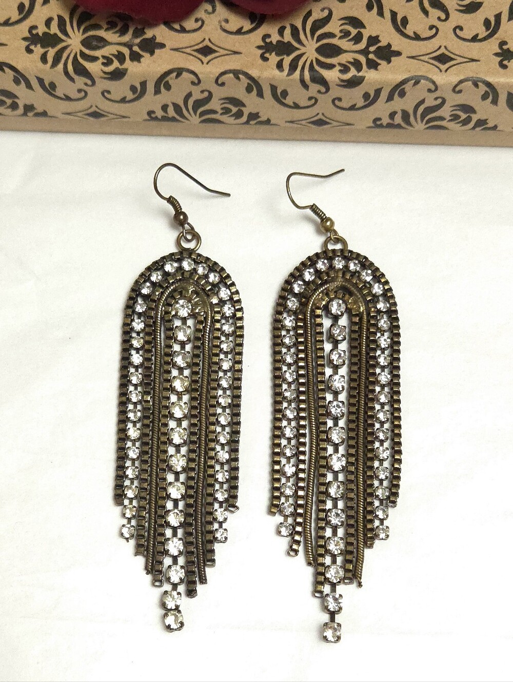 Vintage Antiqued Brass Crystal Waterfall Chandelier Earrings Statement Earrings